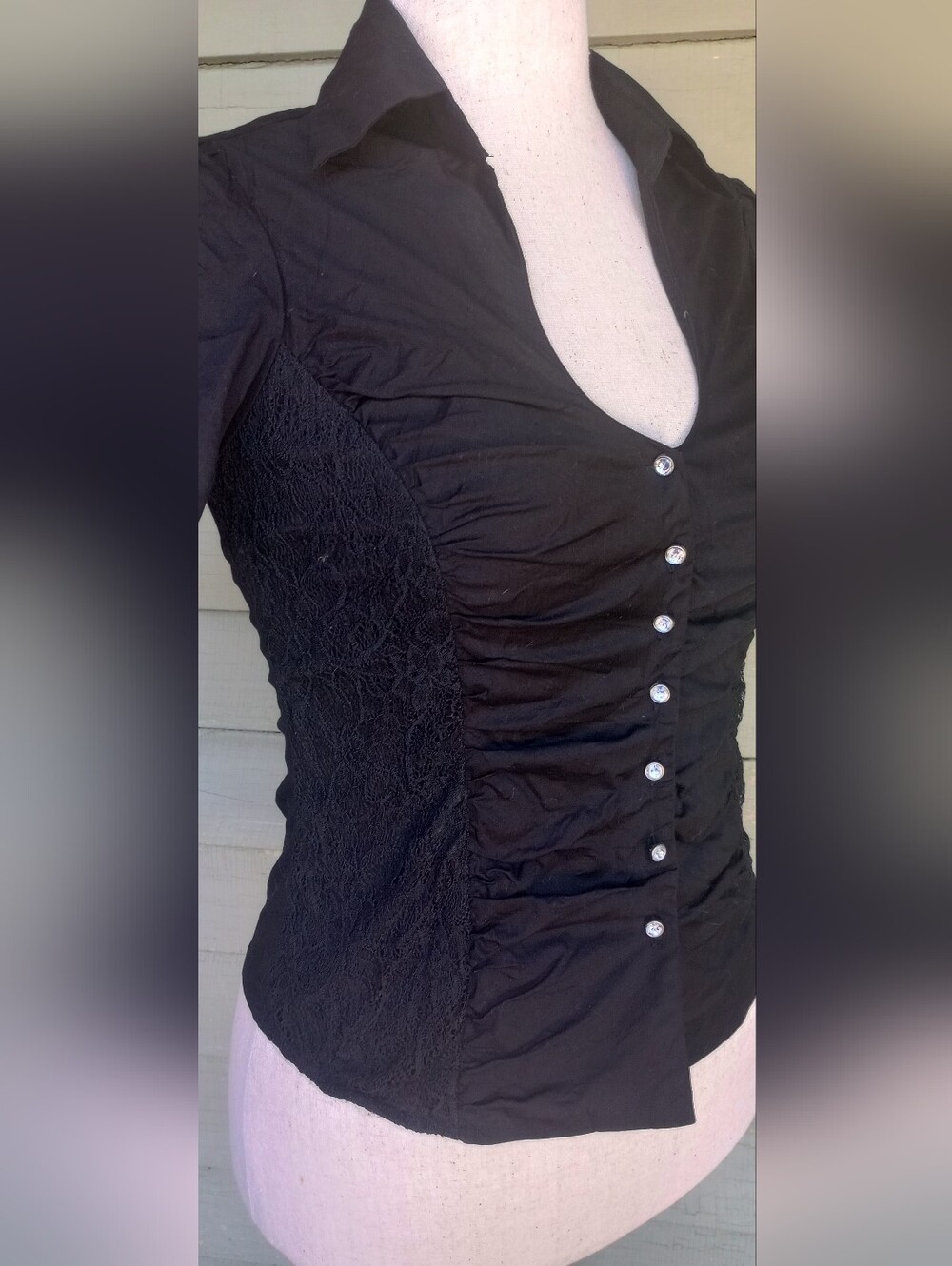Black Ruched Button-Front Women’s Top